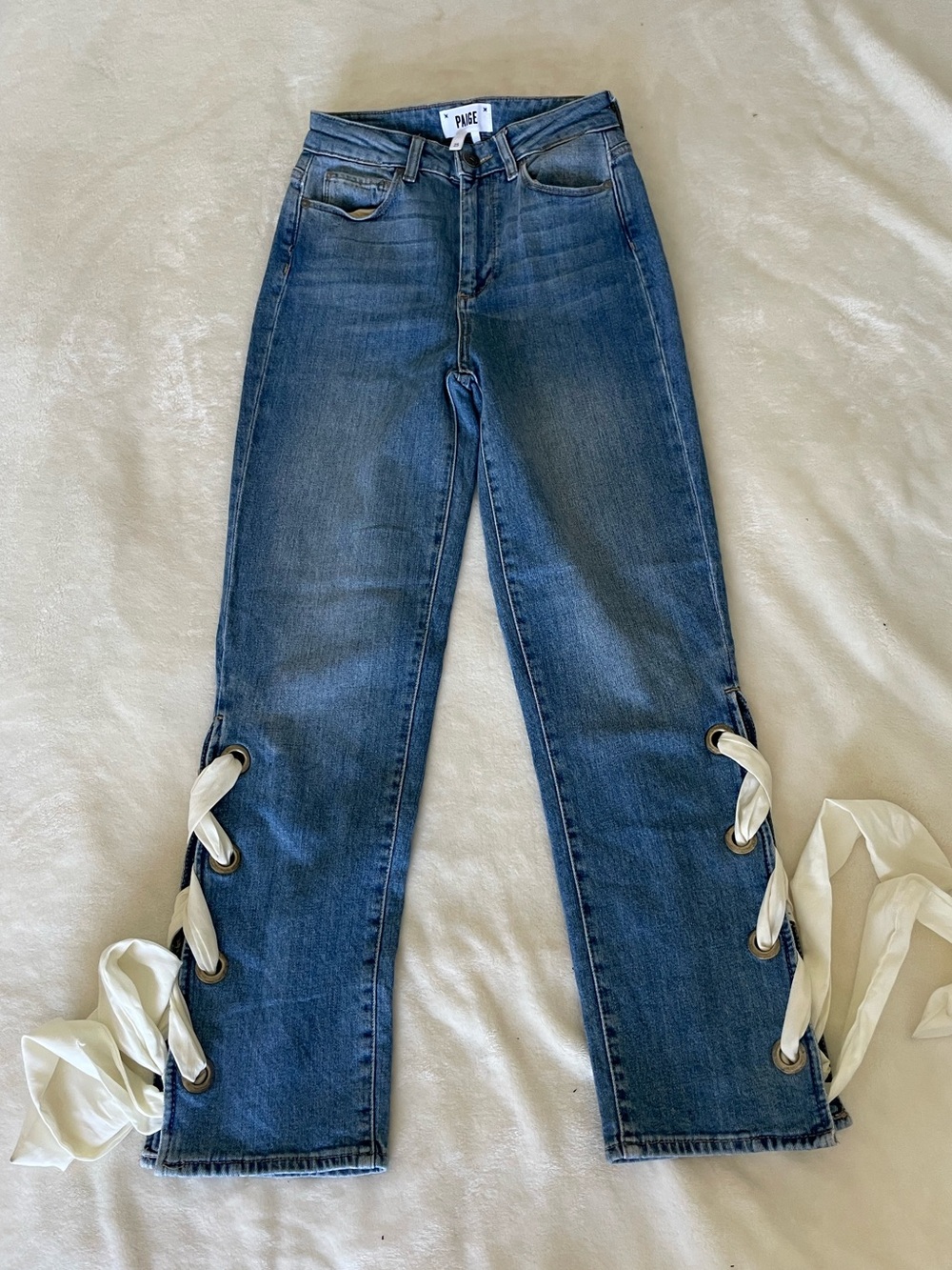 PAIGE High Rise Sarah Straight white Ribbon Trim Denim